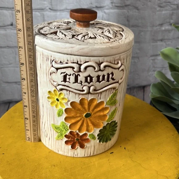 Treasure craft flour floral canister retro vintage 60s 70s BoHo bohemian wood - Picture 9 of 10